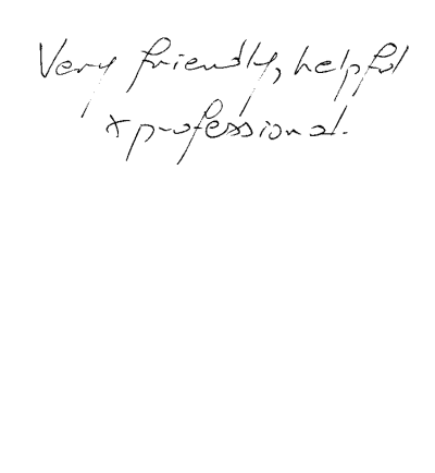 handwritten testimonial. Text reads: "Very friendly, helpful, and professional."